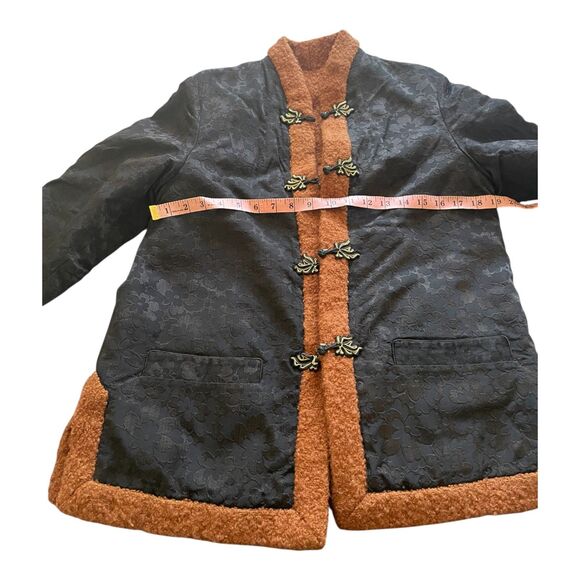 Vintage Handmade Black Jacquard Tang Style Jacket Sherpa Lining Frog Closure S/M - Picture 8 of 11